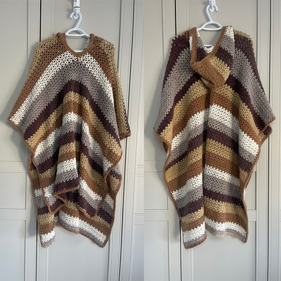 Handmade Sweaters - Hand Crochet Striped Cottagecore Boho Folk Hooded Poncho